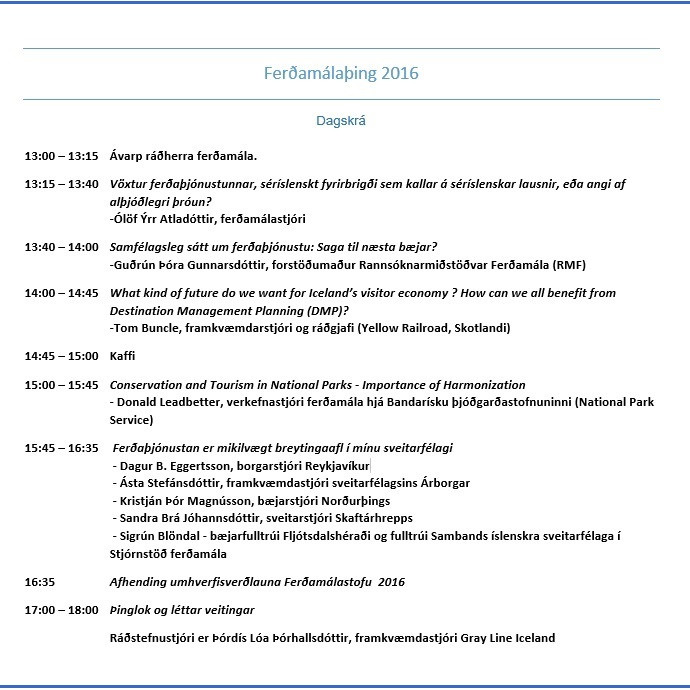 Ferðamálaþing 2016 - dagskrá