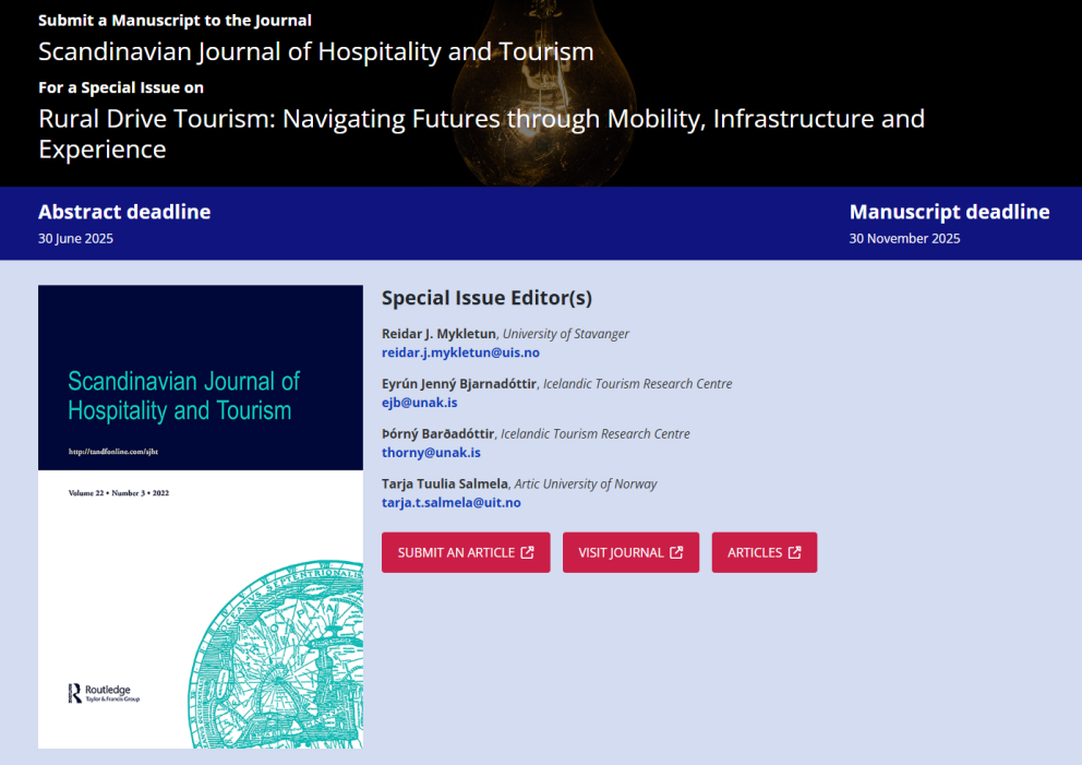Call for Papers – Special Issue on Rural Drive Tourism in the Scandinavian Journal of Hospitality an…